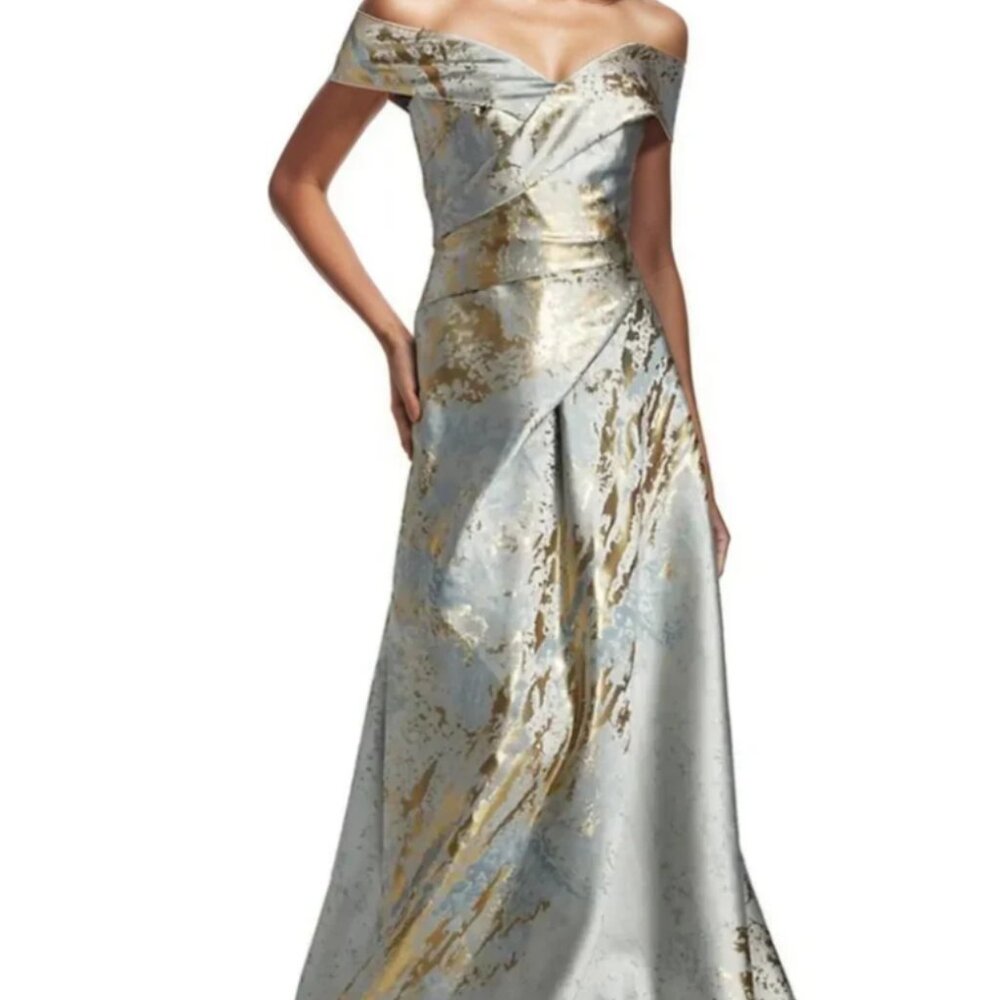 Rene Ruiz Off-the-Shoulder Brocade Gown in Light Blue and Gold Size 6